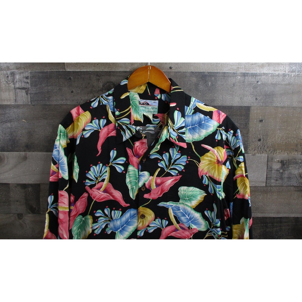 Reyn Spooner Shirt Mens Large Black Rayon Floral Neon Tropical Hawaiian Button